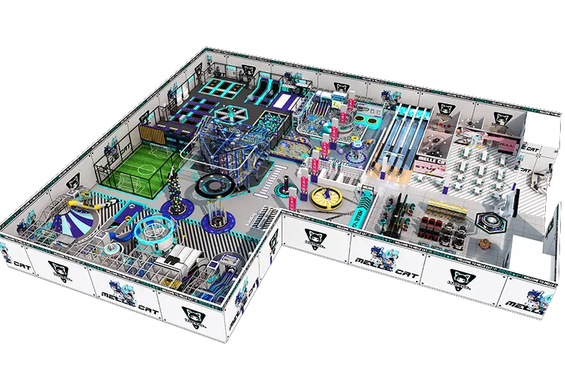 Melle Cat Cyber-Themed Facility: Teal-Purple Trampoline Zones, Soccer Pitch, Soft Play, Obstacle Courses & Bumper Cars