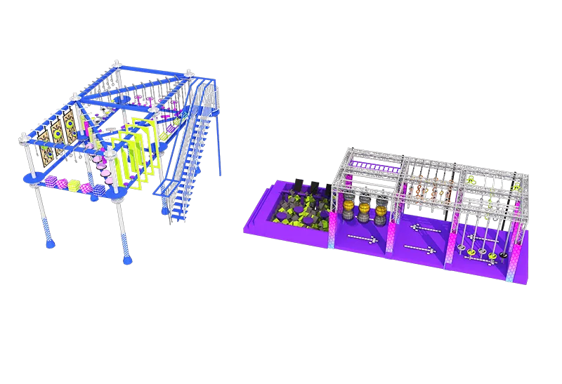 Dual Ninja Warrior Setup: Elevated Multi-Level + Ground-Level Foam Pit – Rings, Bars, Nets & Balance Beams