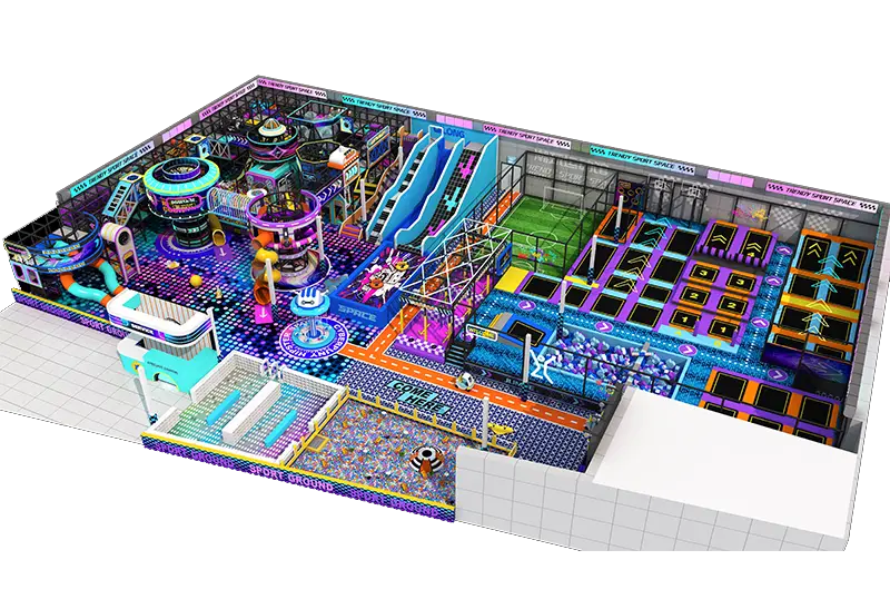 Space-Efficient Indoor Play System: Integrated Trampolines, Slides & Interactive Games with Soft Padding & Safety Fencing