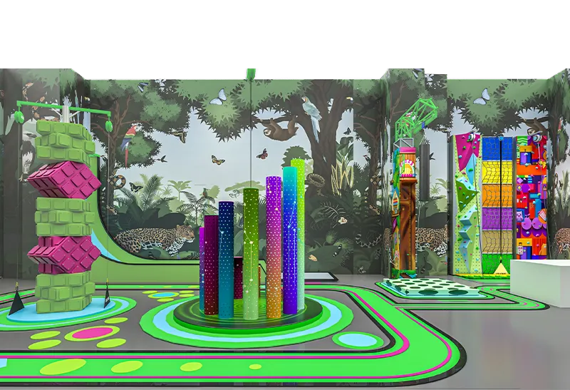 Rainforest-Themed Macaron Play Area: Block Towers & Obstacles – Streamlined Flooring & Multi-Age Climbing Matrix