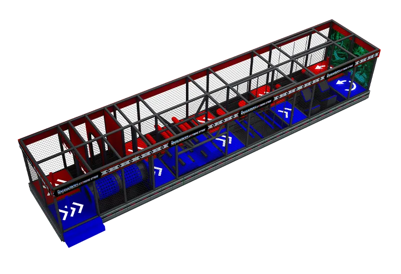 Modular Red-Blue Ninja Course: Compact Long-Span Layout, Fully Enclosed Frame & Soft Padding for Indoor Playgrounds