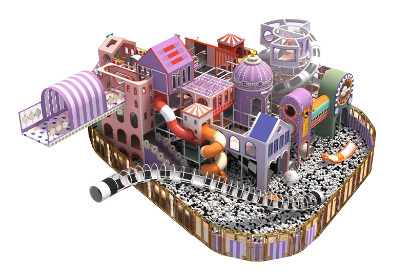 Whimsical Multi-Color Fantasy Playground: Spiral Slides, Climbing Nets, Ball Pits, Rocket & Castle Structures for Kids' Creativity