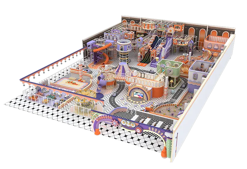 Purple-Orange Pastel Playground: Volcano Slide, Carousel, Trampolines, Pretend Play, Crafts & Sand Pit for Toddlers