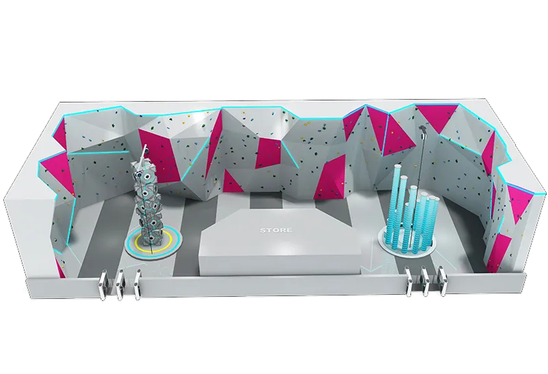 Pink-White Geometric Neon Climbing Area: Rubik's Cube Tower & Cylindrical Obstacles – Integrated Central Storage for Parks