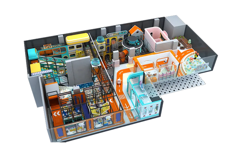 Modern Urban Orange-Cyan Play Space: Role-Play Mini City, Obstacle Courses, Fast Slides & Colorful Ball Pits for Active Fun