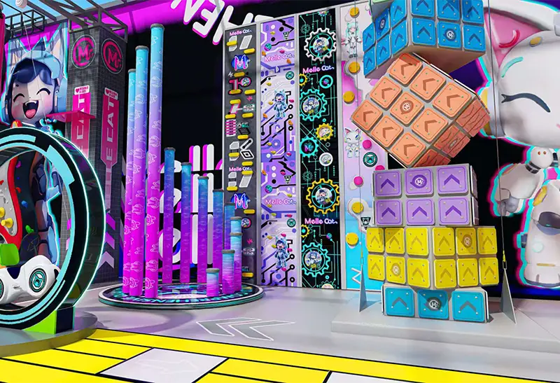 Melle Cat Themed Play Center: High-Recognition IP, Rubik's Cube & Cylinder Combo – Cyberpunk Neon Color System