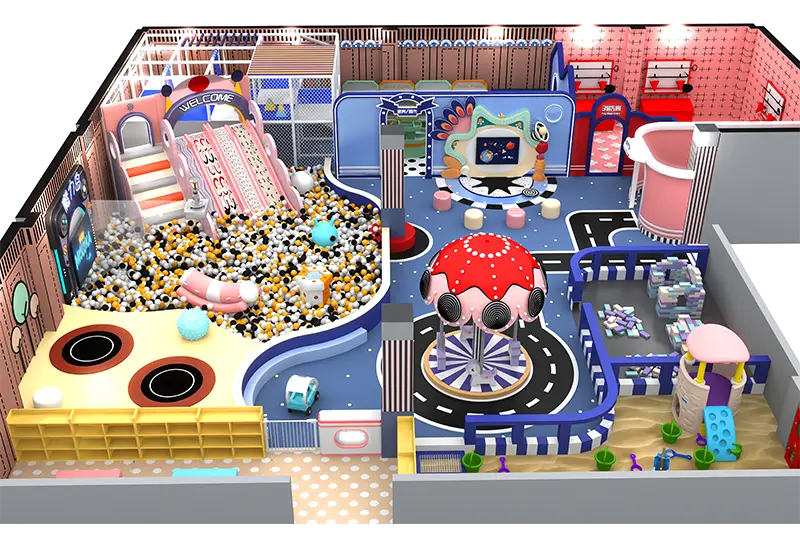 Cartoon-Themed Pastel Play Center: Multi-Level Ball Pits, Slides, Dress-Up Zones & Interactive Games to Spark Kids' Creativity