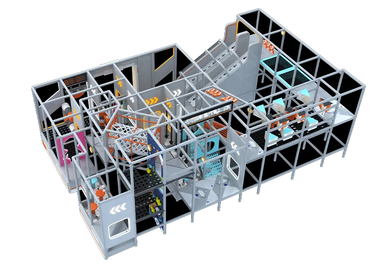 Sleek Tech-Inspired Gray-Orange Play Area: Multi-Level Adventure Complex with Trampolines, Rope Courses, Climbing Nets & Slides