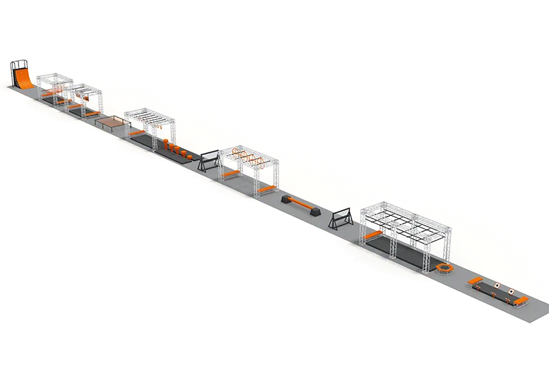 Modular Gray-Orange Linear Ninja Course: Durable Aluminum Truss – Rearrangeable Obstacles for All Ages & Skill Levels