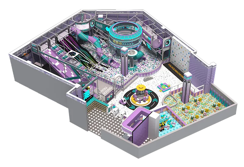 Chic Trendy Purple-Cyan Play Center: Ball Pits, Rainbow Slides, Obstacles, Building Blocks, Sand Play & Interactive Rides for Kids