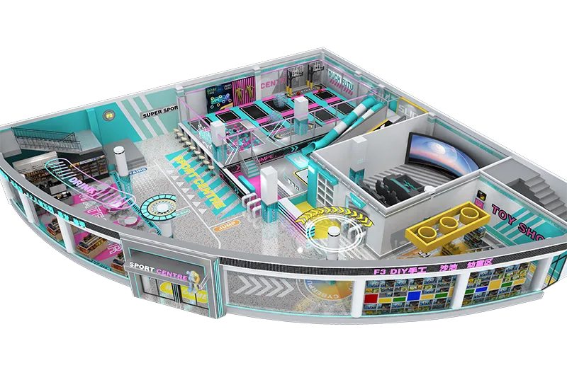 Sleek Cyan-Pink Sport & Play Hub: Trampolines, Slides, DIY Crafts, Toy Shop & Refreshment Zone for Family-Friendly Fun