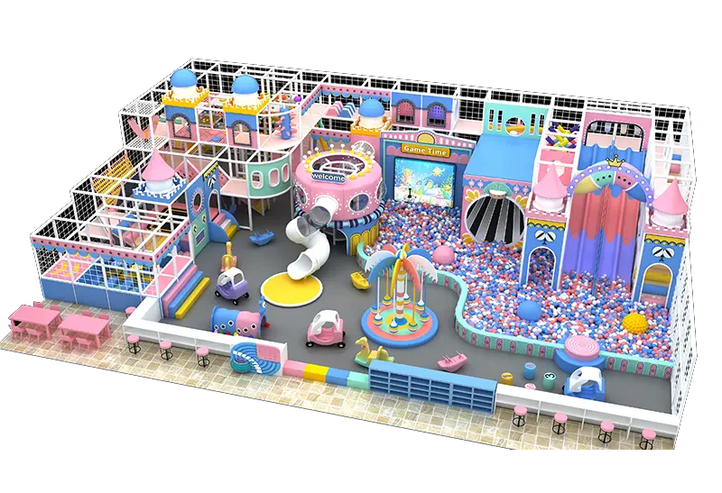 Dreamy Pink-Blue Castle Playground: Ball Pits, Slides, Ride-On Toys, Cozy Seating & Interactive Zones for Play & Rest