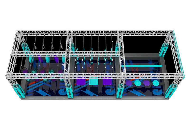 Futuristic Cyan-Purple Ninja Course: Suspended Chains, Rotating Cylinders & Net Spheres for Upper-Body Strength