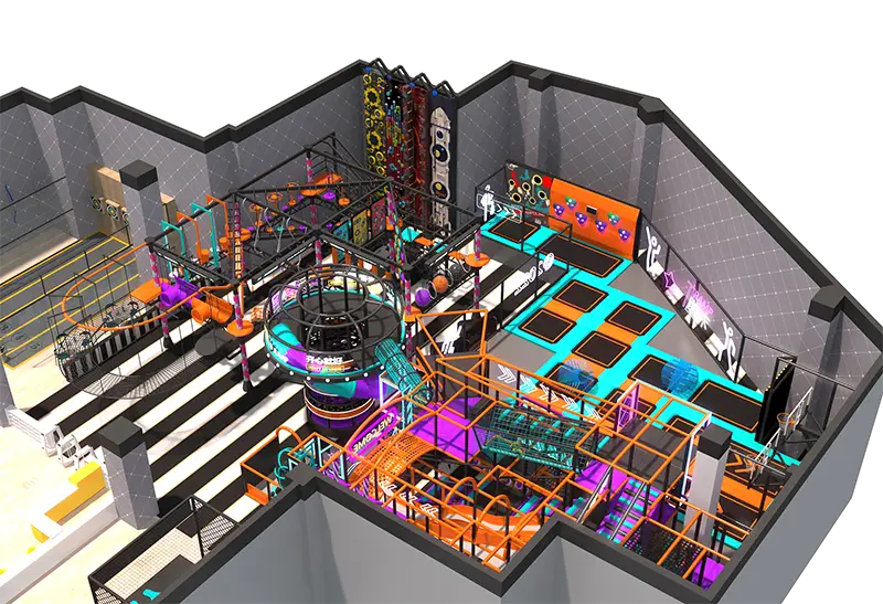 Sleek Cyan-Pink Sport & Play Hub: Trampolines, Slides, DIY Crafts, Toy Shop & Refreshment Zone for Family-Friendly Fun