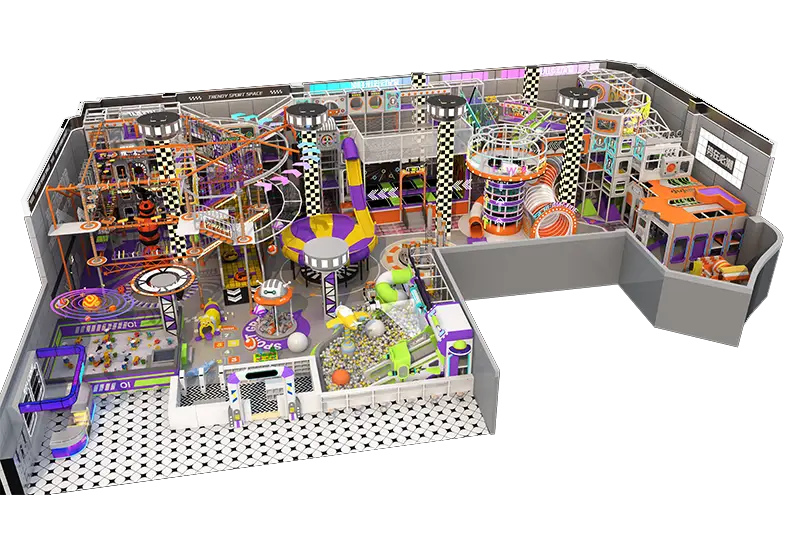 Cloud Net & Multi-Slide Play Center: Spider Tower, Funnel & Horn Slides, Trampolines, Toddler Area & Sensory Sand Pit