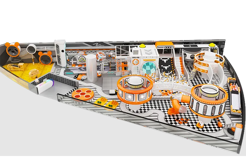 Bold Orange-Gray Industrial Play Center: Multi-Zone Layout with Ball Pits, Slides, Obstacle Courses & Playful Cartoon Accents