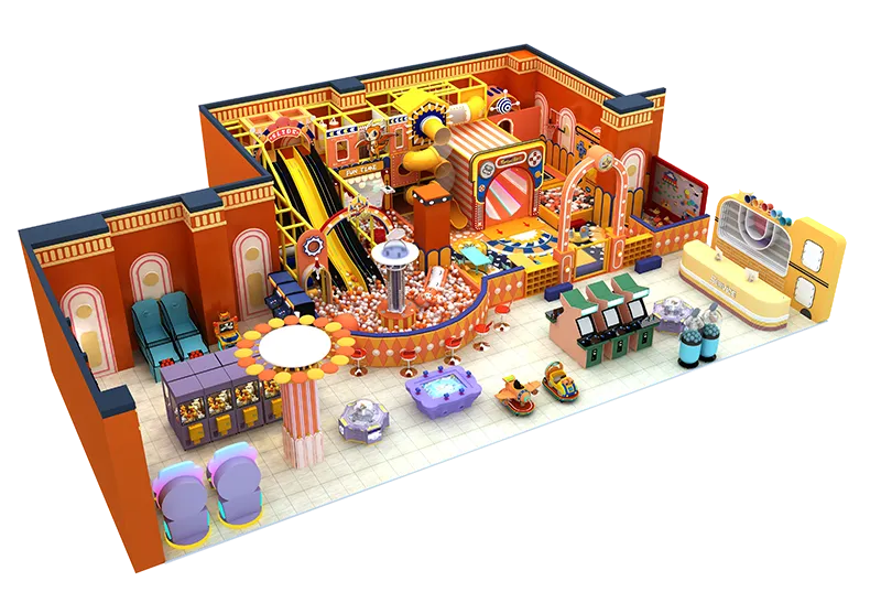 Retro Arcade Indoor Play Center: Warm Orange Accents, Ball Pits, Slides, Arcade Games & Parent Seating Areas for Family Fun