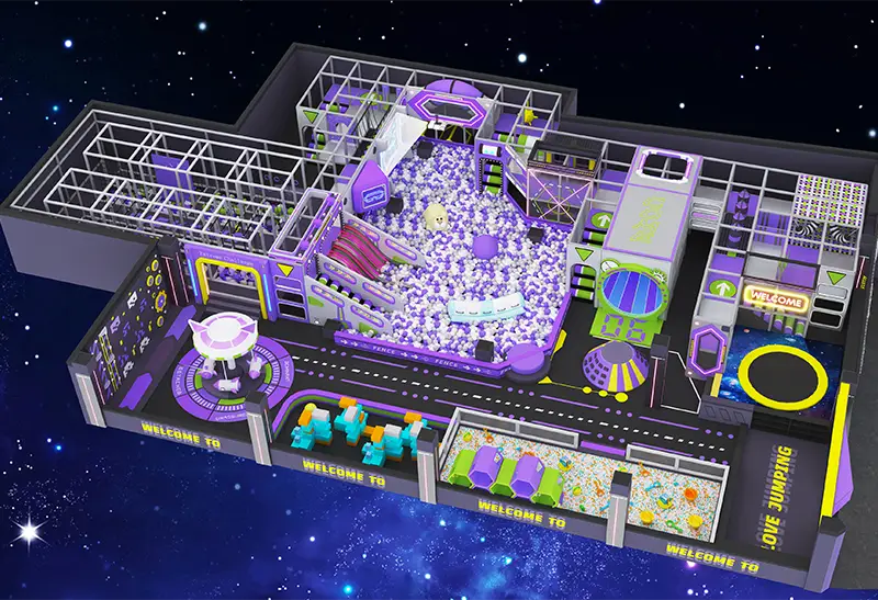Cool Sci-Fi Neon Indoor Play Center: Ball Pits, Bouncy Trampolines, Obstacle Courses & Immersive Space Adventure for Active Play