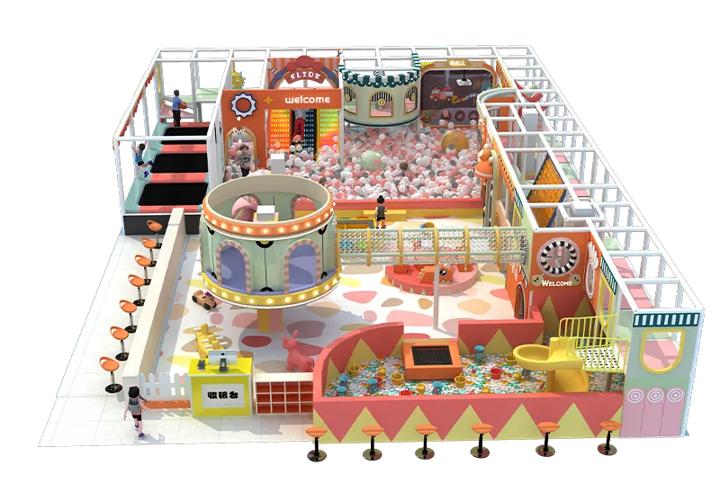 Warm Retro-Style Pink-Toned Playground: All-in-One Hub with Trampolines, Ball Pits & Soft Play Zones for Easy Kids' Exploration