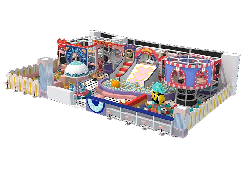 Gentle Pastel Indoor Playground: Ball Pits, Slides, Building Blocks & Ride-On Toys with Cozy Family Seating Areas for Parents