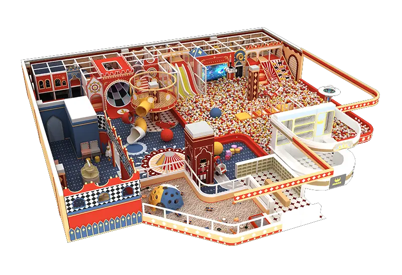 Royal Carnival Red-Gold Indoor Playground: Multi-Zone Layout with Roomy Ball Pits, Fun Slides & Safe Sand Play Areas for Kids