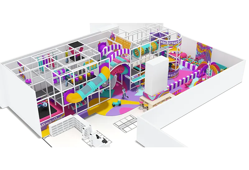 Vibrant Candy-Color Pink-Purple-Yellow Play Center: Tube Slides, Trampoline Zones & Interactive Obstacles with Open-Concept Zoning