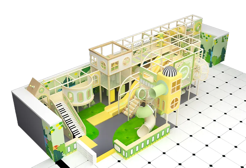 Nature-Themed Green-Yellow Play Center: Multi-Level Structure with Winding Slides, Obstacle Courses & Toddler-Friendly Safe Layout