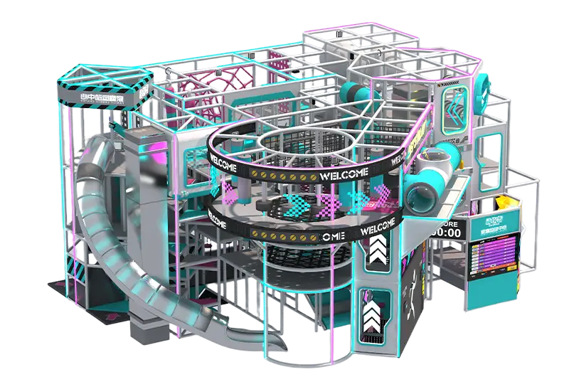 Cutting-Edge Futuristic Neon Cyan-Pink Play Center: Multi-Level Structure with Curved Slides & Obstacle Nets for All Ages