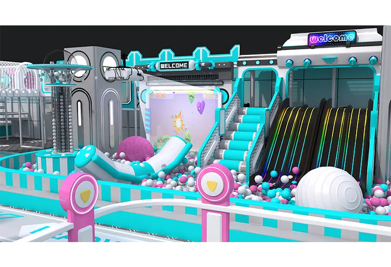 Cyan-Pink Themed Play Center: LED Light-Up Slide & Tube Slide with Glowing Welcome Signs & Interactive Game Screens for Kids