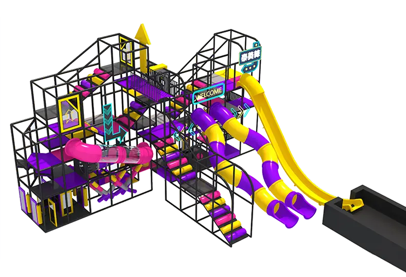 Bold Neon Purple-Yellow-Pink Play Center: Massive Multi-Level Obstacle Course with Connected Slides & Climbing Paths