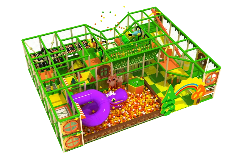 Forest-Themed Play Center: Green Accents, Trees & Rainbows, Spacious Orange-Yellow Ball Pit with Enclosed Climbing Frames & Multi-Level Paths