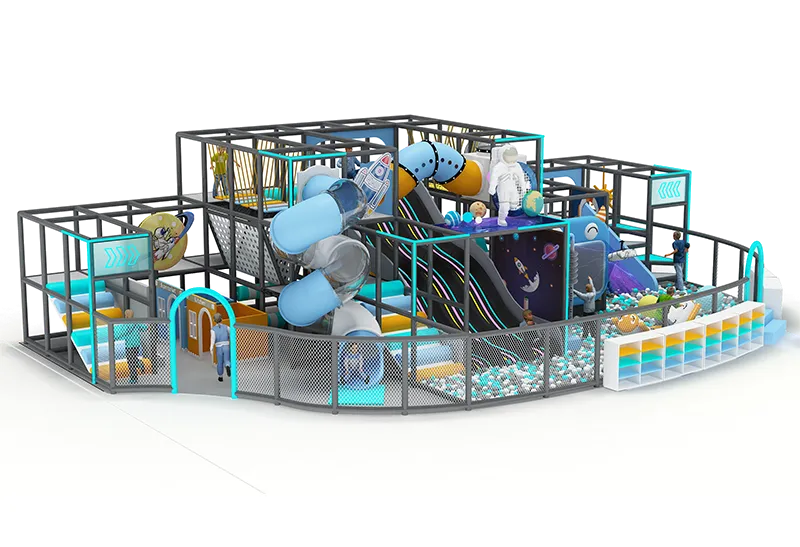 Space-Themed Play Center: Rocket, Planet & Astronaut Decor, Multi-Level Structure with Transparent Tube Slides & Interconnected Climbing Frames