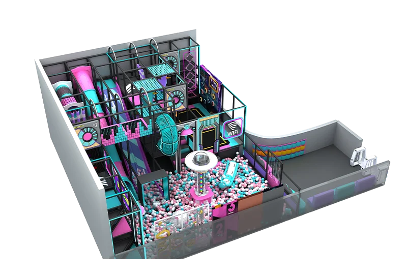 Vibrant Color-Block Play Center: Pink-Cyan-Purple Ball Pits, Curved Slides, Enclosed Tube Slides, Climbing Nets & Interactive Light-Up Panels