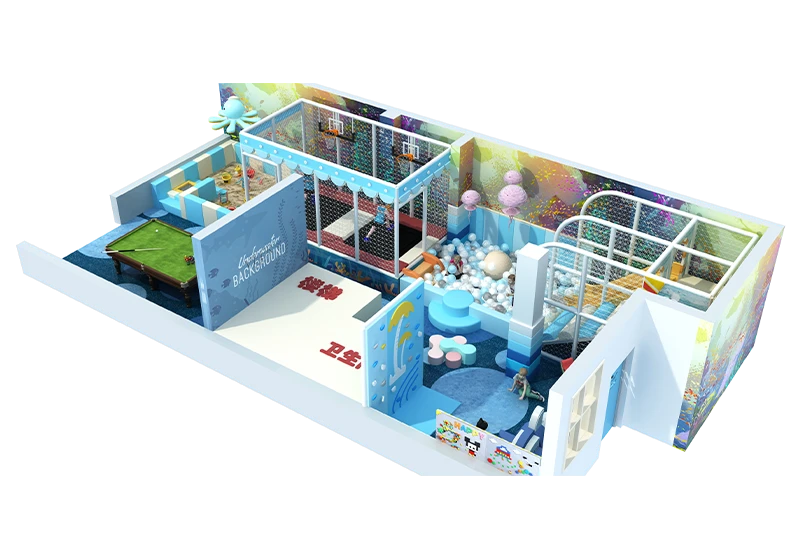 Whimsical Ocean-Themed Play Center: Underwater Murals, Sandpit, Ball Pit, Trampoline, Pool Table & Comfortable Rest Areas for Caregivers