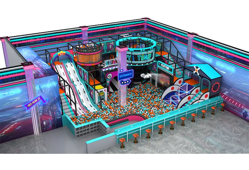 Futuristic Neon-Lit Indoor Soft Playground: Large Slide, Toddler Slide & Trumpet-Shaped LED Slide with Dynamic Light Effects for All Ages