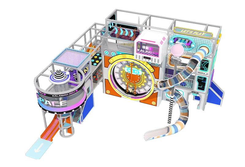 High-Adventure Indoor Play System: 360° Interactive Bike, LED Fiberglass Slide, Steel Tube Slide & Multi-Level Soft Play