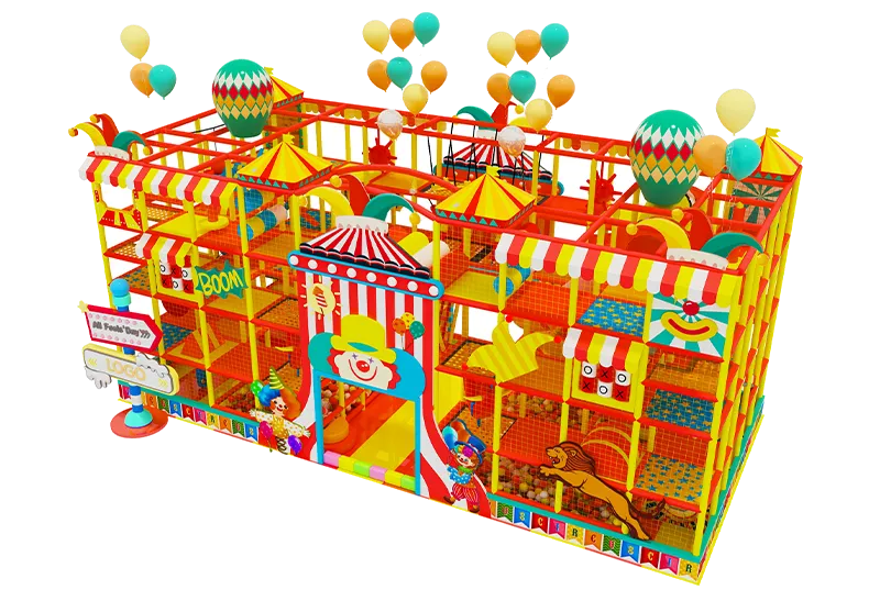 Vibrant Circus-Themed Indoor Playground: Multi-Level Soft Play with Clown Faces, Striped Tents & Hot Air Balloons for All Ages