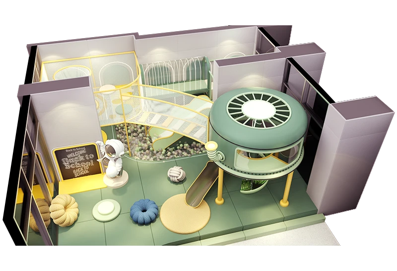Muted Space Exploration Playground: Eco-Friendly Sage Green, Soft Yellow & Neutral Tones with Spacecraft & Astronaut Decor for Kids