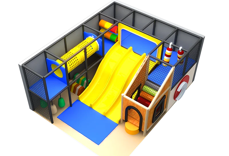 Bright Nautical-Themed Indoor Playground: Sunny Yellow, Fresh Blue & Wood Tones with Lifebuoy Decor & Modular Open Layout