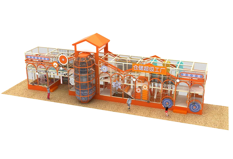 Bright Orange-Cream Industrial Playground: Gears, Pipes & Conveyor Belt Patterns Creating a Lively Workshop Atmosphere for Kids