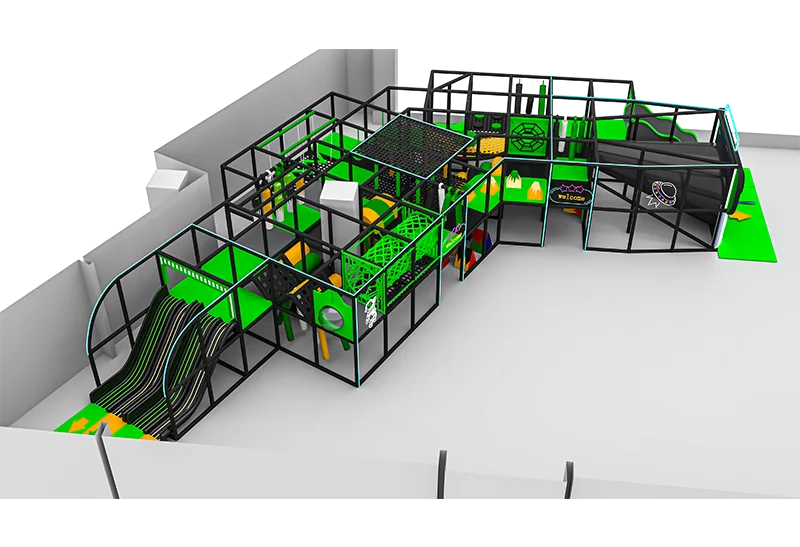 Bold Neon Green & Black Cosmic Playground: Astronaut & Planet Graphics, Spaceship Portal Tunnel with Rounded Edges & Safety Netting