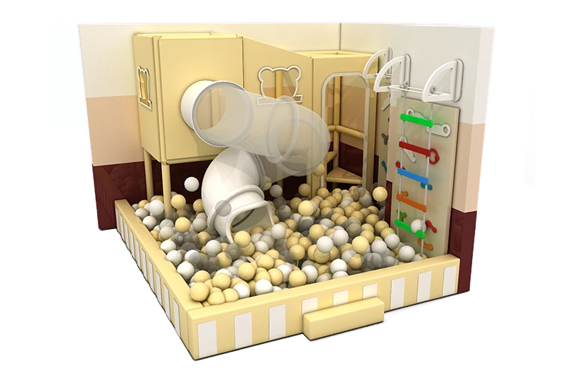 Compact Soft-Toned Indoor Playground for Ages 1-6: Pastel Colors, Ball Pit, Spiral Tube Slide & Climbing Wall for Small Venues