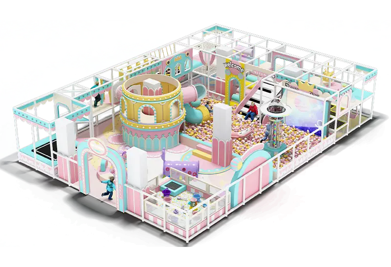 Dreamy Pastel Castle Indoor Playground: Pink-Mint-Yellow Tones, Ball Pit with Slides, Obstacle Course, Trampoline & Toddler Soft Play