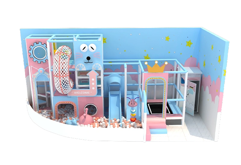 Macaron Cat Themed Indoor Playground for Ages 2-6: Pastel Colors, Cat Decor & Compact Safe Adventure for Small Malls & Cafes