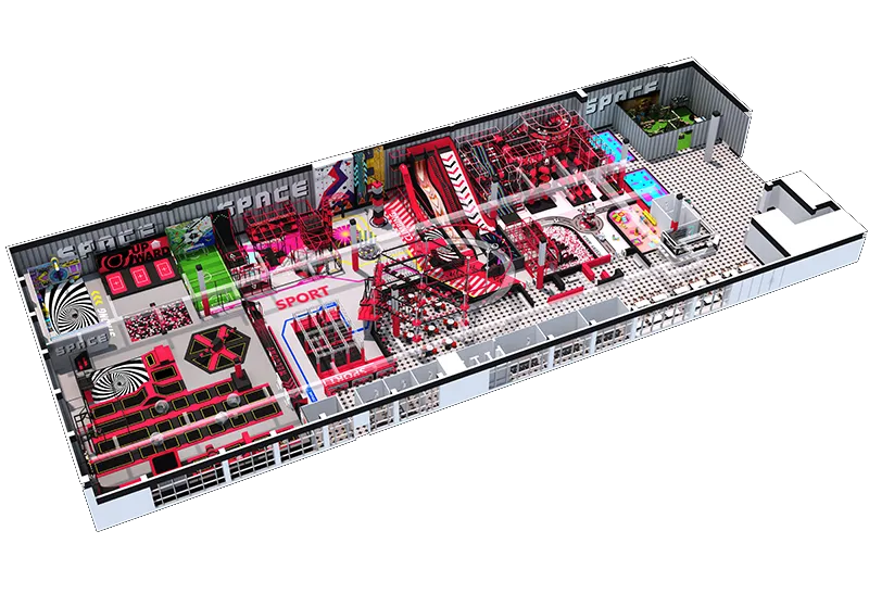 Bold Red-Black-White Indoor Playground: Big Slides, Obstacle Courses & Trampolines for Active Kids & Teens Who Love Adventure