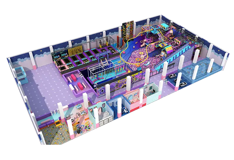 Dreamy Pastel Purple-Pink-Blue Play Center: Toddler Zones, Adventure Courses, Trampolines & Interactive Games for All Ages