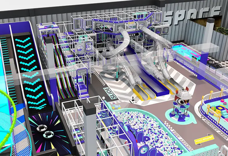 Space-Themed Blue-Silver-Neon Play Center: Racing, Spiral & Donut Slides with Adventure & Toddler Zones for All Kids