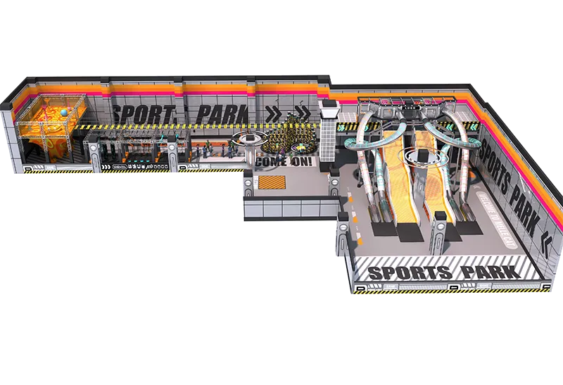 Bold Industrial-Sporty Gray-Orange-Pink Play Center: Multi-Style Slides & Fitness Obstacle Courses with Open Flow-Friendly Layout