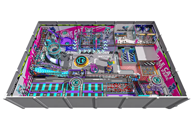 Neon Pink-Blue-Purple Play Center: Multi-Level Obstacles, Giant Slides, Trampolines & Ball Pits with Clear Directional Flow Layout