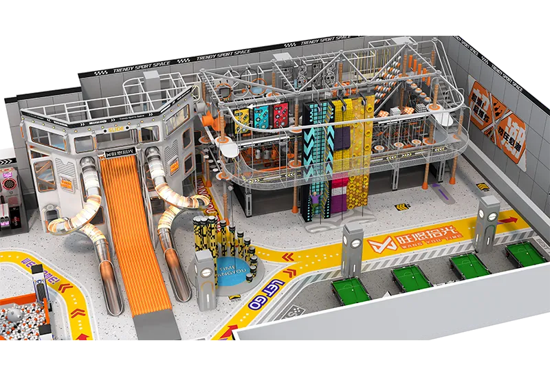 Industrial Sports-Style Gray-Orange-White Play Center: Climbing Walls, Slides & Suspended Obstacles with Mixed Active-Leisure Layout